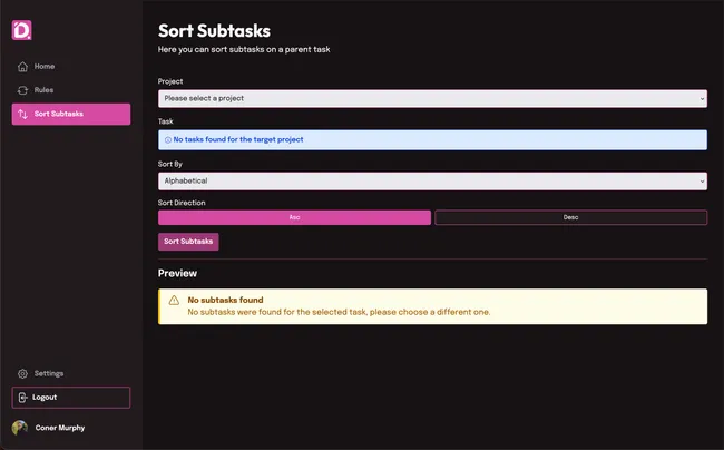 Automatically sort sub-tasks under any parent task by priority, date, deadline, or name