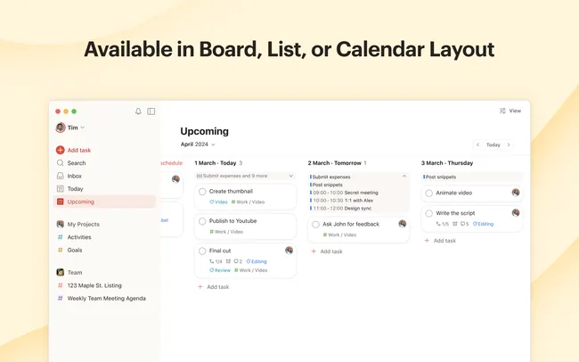 Als Layout „Board“, „Liste“ oder „Kalender“ verfügbar
