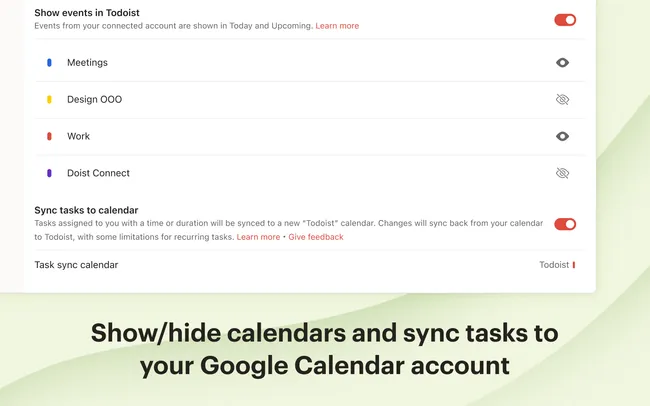 Show/hide calendars and sync tasks to your Google Calendar account
